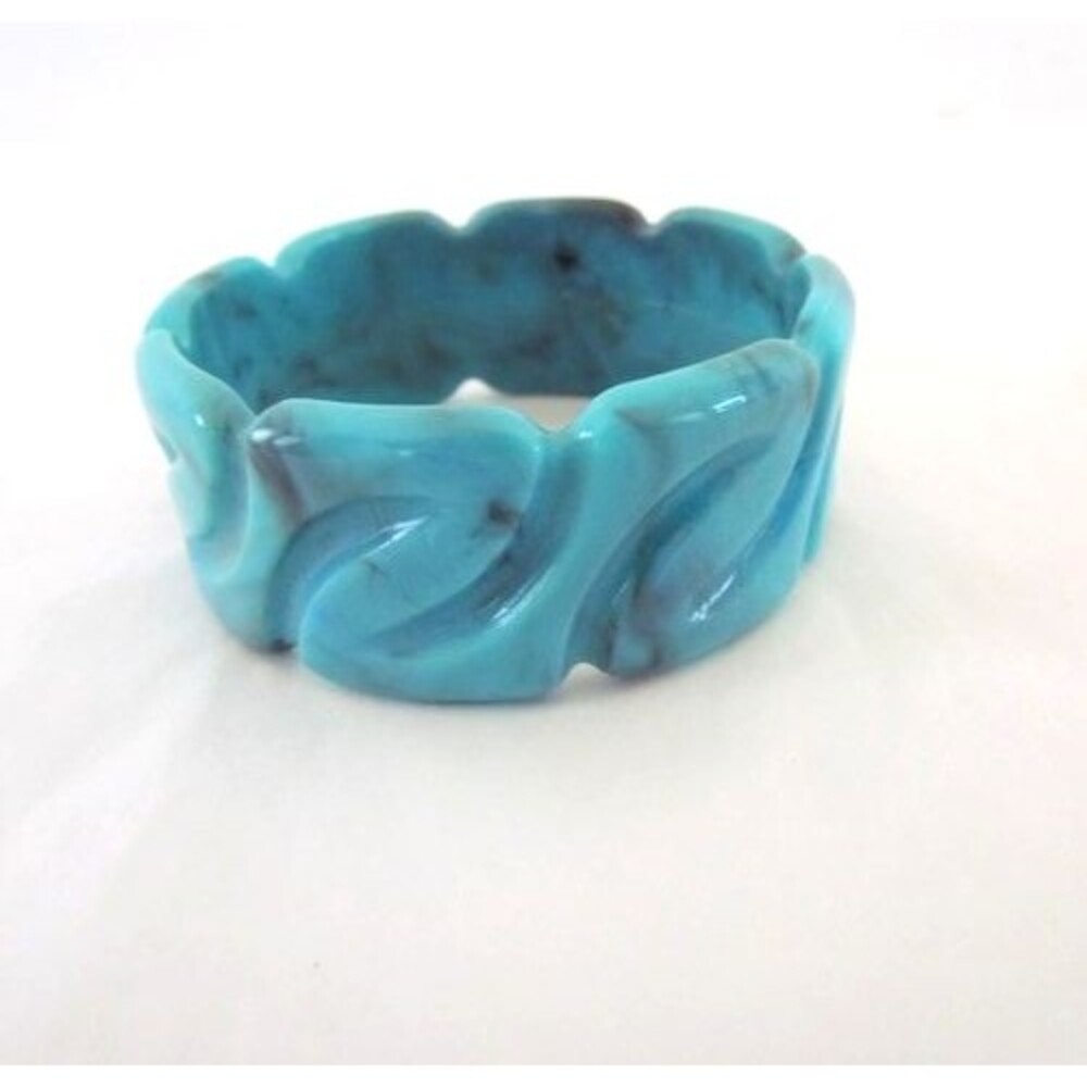 Vintage Marbled Acrylic Aqua Bangle Bracelet Blue Carved MOD